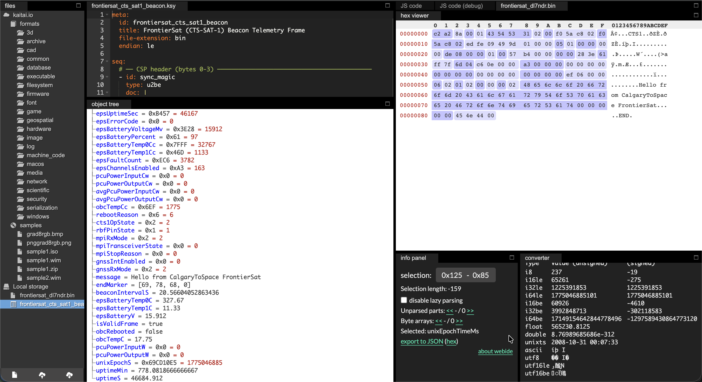 Kaitai Struct Web IDE showing computed instances — unix epoch, battery voltage, OBC temperature for CTS-SAT-1