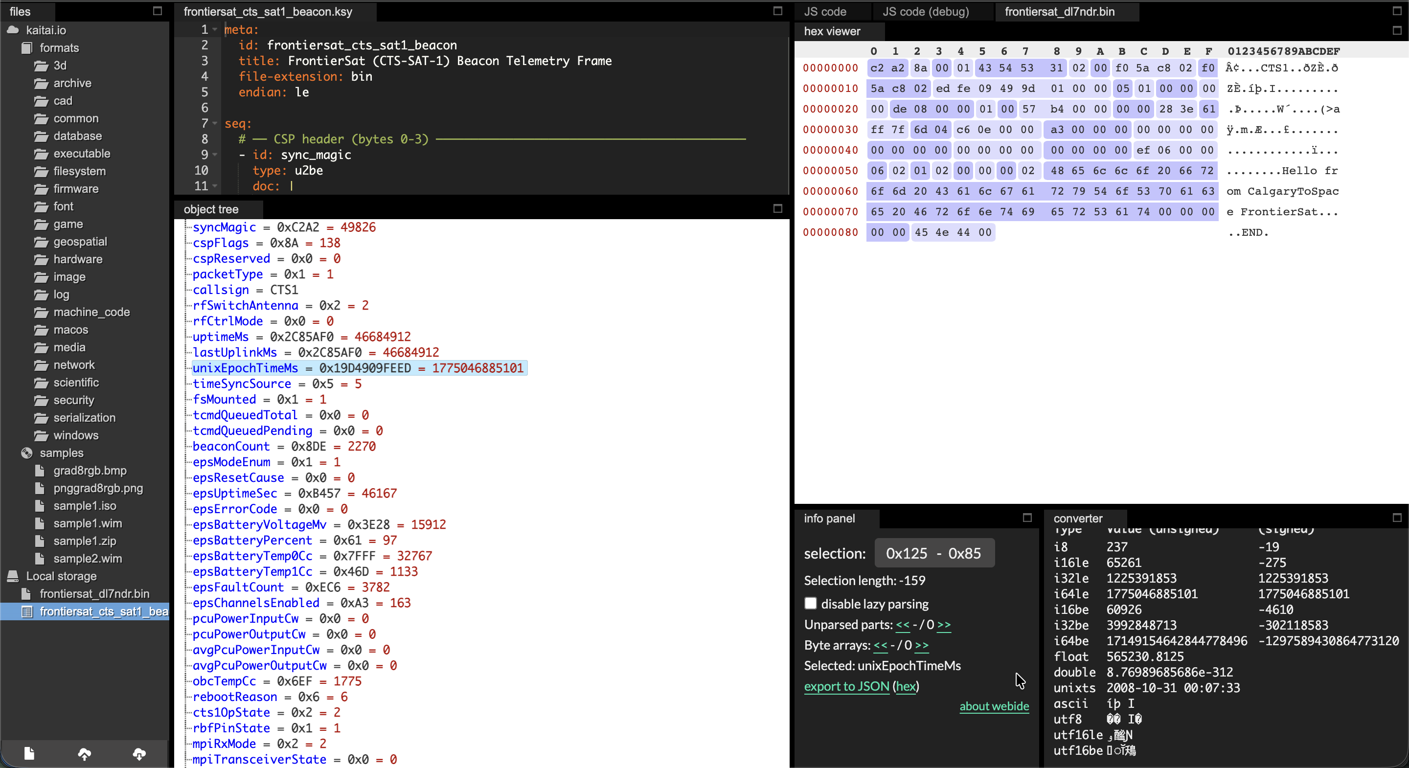 Kaitai Struct Web IDE parsing CTS-SAT-1 FrontierSat beacon frame — full field list