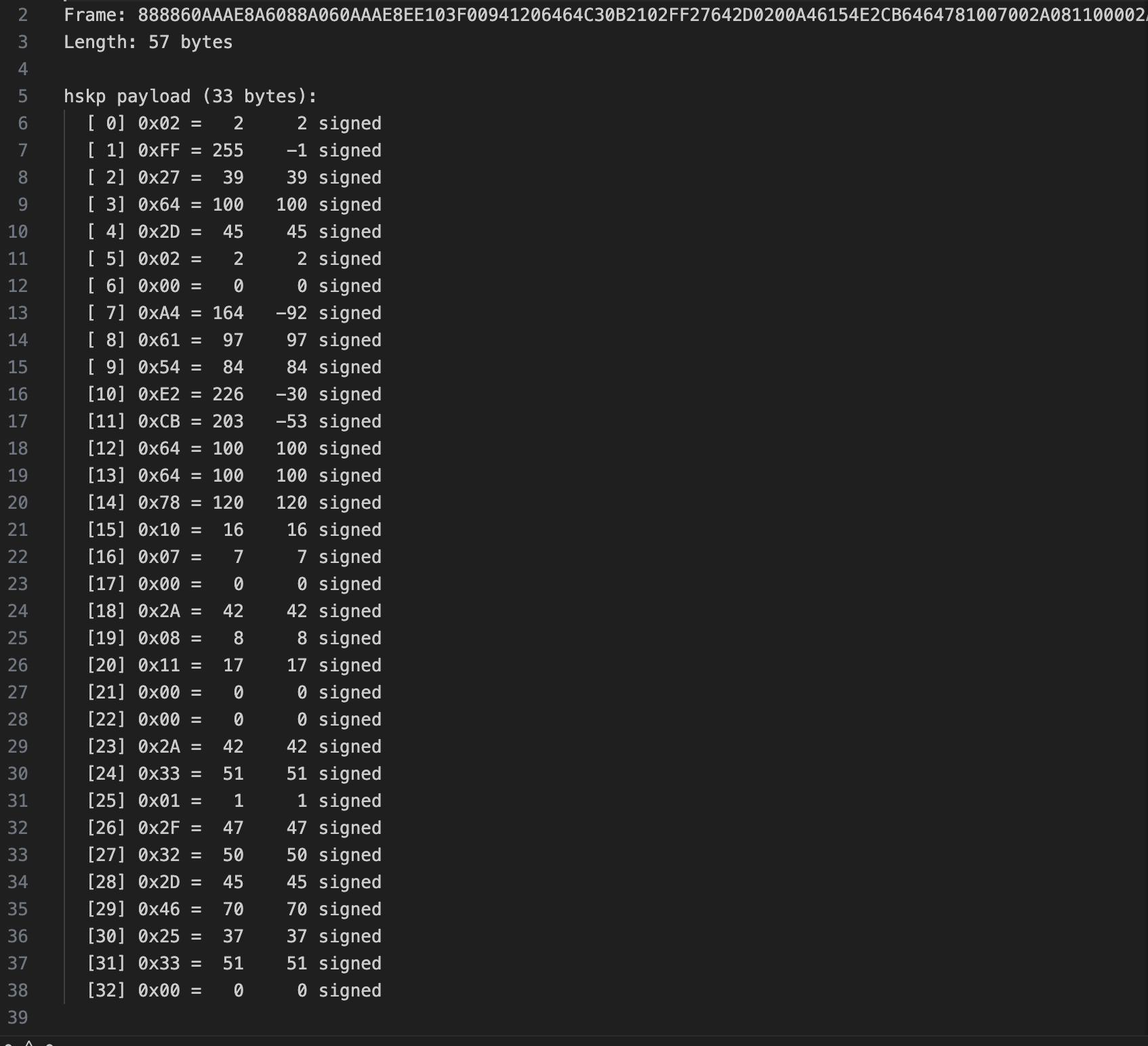 33-byte housekeeping payload decoded